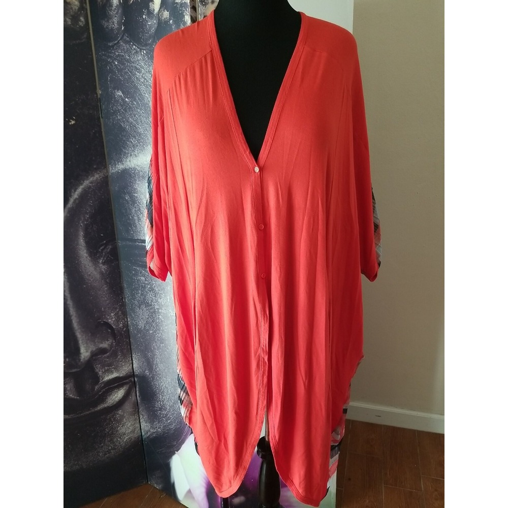 SPANNER Women's Dolman Fit Button Front V Neck Contrast Fabric Tunic Size M YJ01